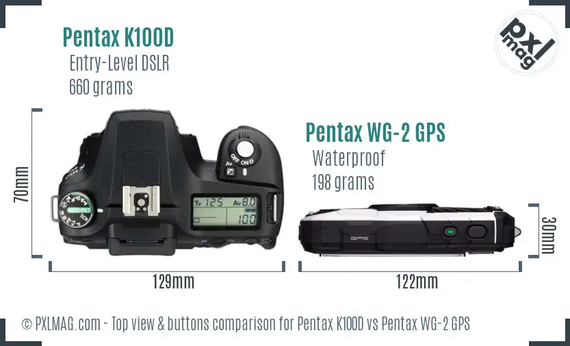 Pentax K100D vs Pentax WG-2 GPS top view buttons comparison