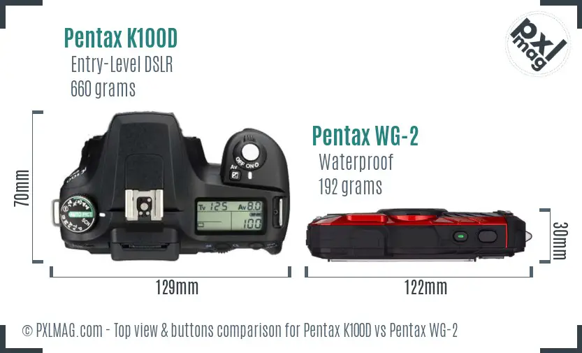 Pentax K100D vs Pentax WG-2 top view buttons comparison