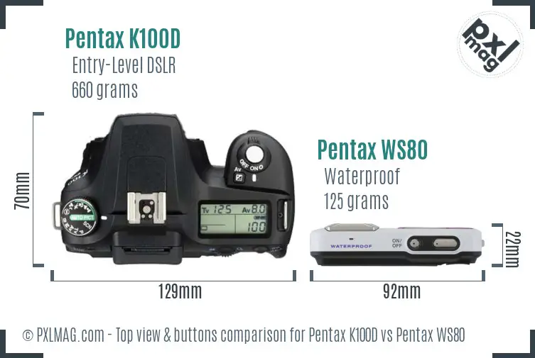 Pentax K100D vs Pentax WS80 top view buttons comparison