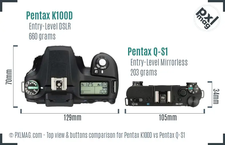 Pentax K100D vs Pentax Q-S1 top view buttons comparison
