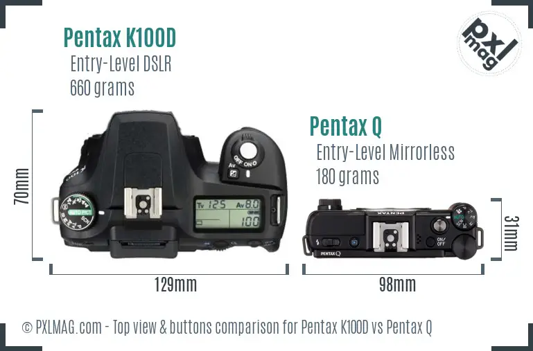 Pentax K100D vs Pentax Q top view buttons comparison