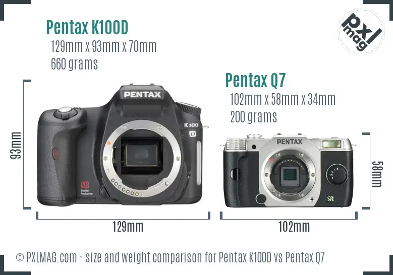 Pentax K100D vs Pentax Q7 size comparison