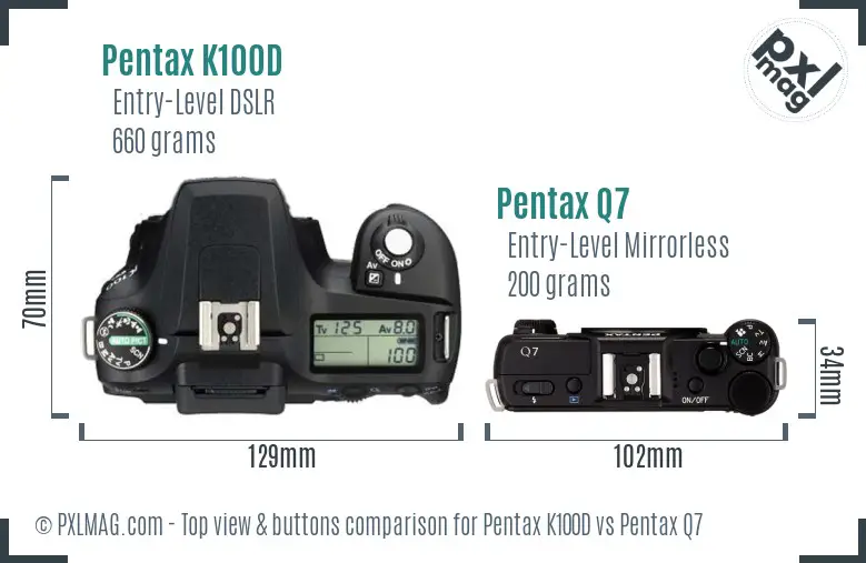 Pentax K100D vs Pentax Q7 top view buttons comparison