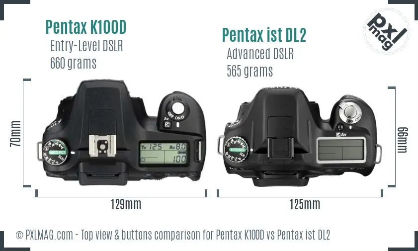 Pentax K100D vs Pentax ist DL2 top view buttons comparison