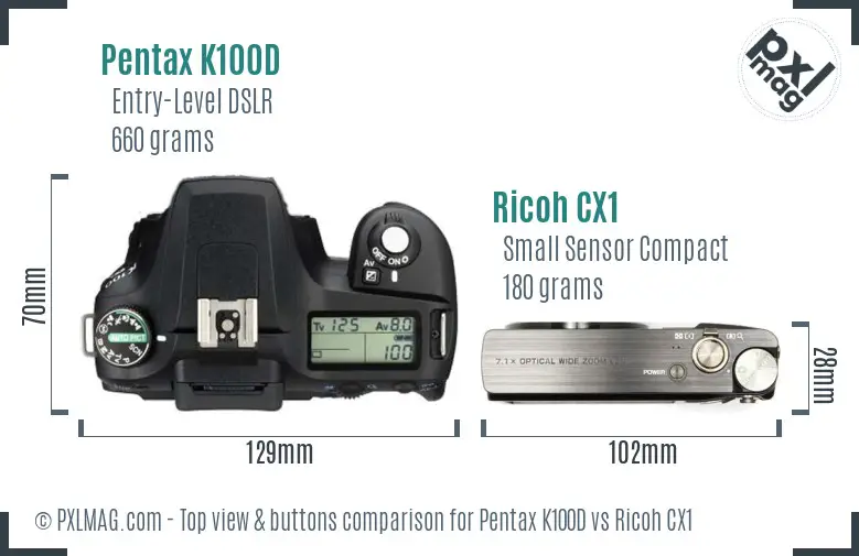 Pentax K100D vs Ricoh CX1 top view buttons comparison