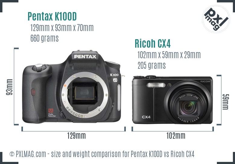 Pentax K100D vs Ricoh CX4 size comparison Pentax K100D vs Ricoh CX4 size comparison