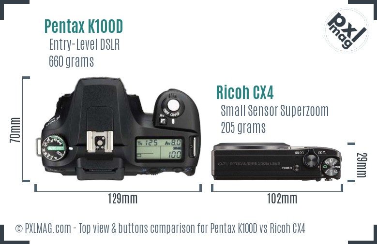 Pentax K100D vs Ricoh CX4 top view buttons comparison