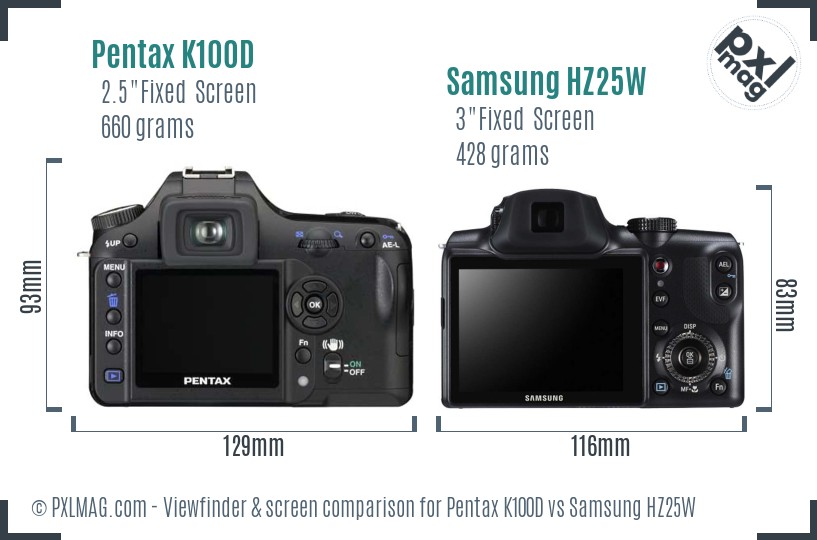 Pentax K100D vs Samsung HZ25W Screen and Viewfinder comparison