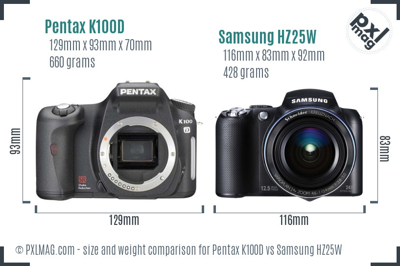 Pentax K100D vs Samsung HZ25W size comparison Pentax K100D vs Samsung HZ25W size comparison