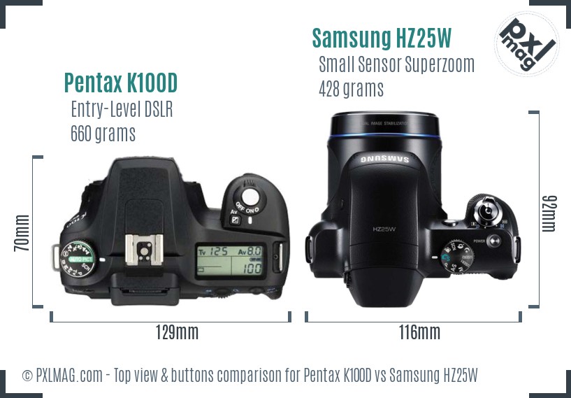 Pentax K100D vs Samsung HZ25W top view buttons comparison