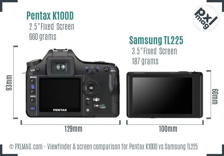 Pentax K100D vs Samsung TL225 Screen and Viewfinder comparison