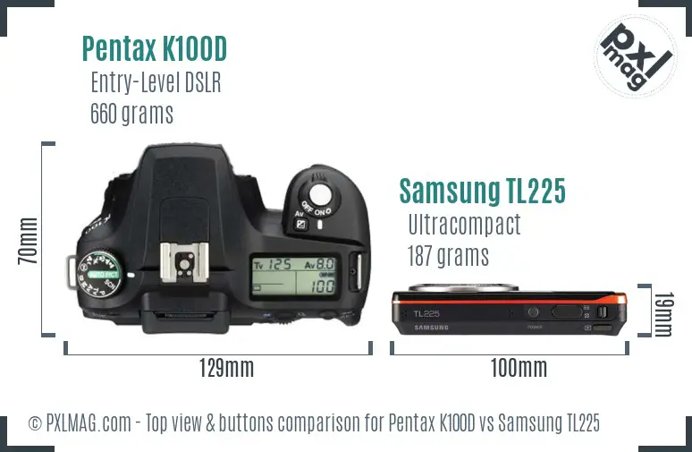 Pentax K100D vs Samsung TL225 top view buttons comparison