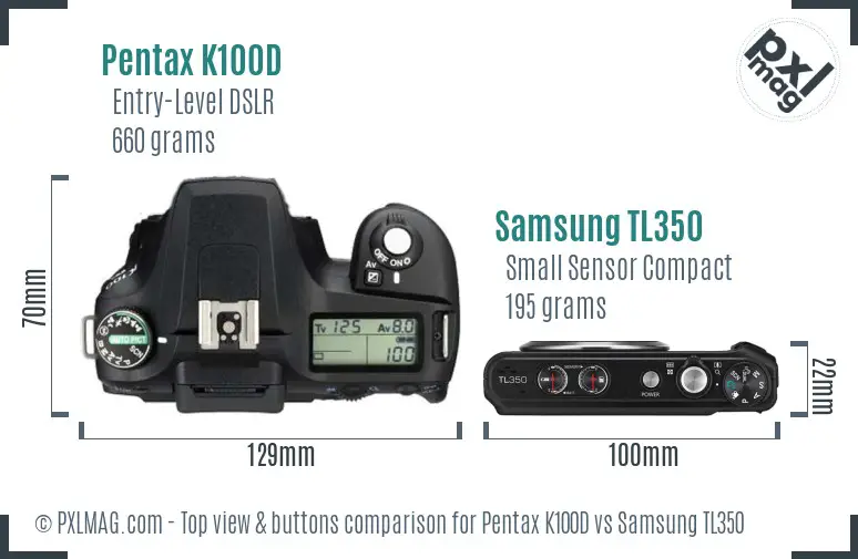 Pentax K100D vs Samsung TL350 top view buttons comparison