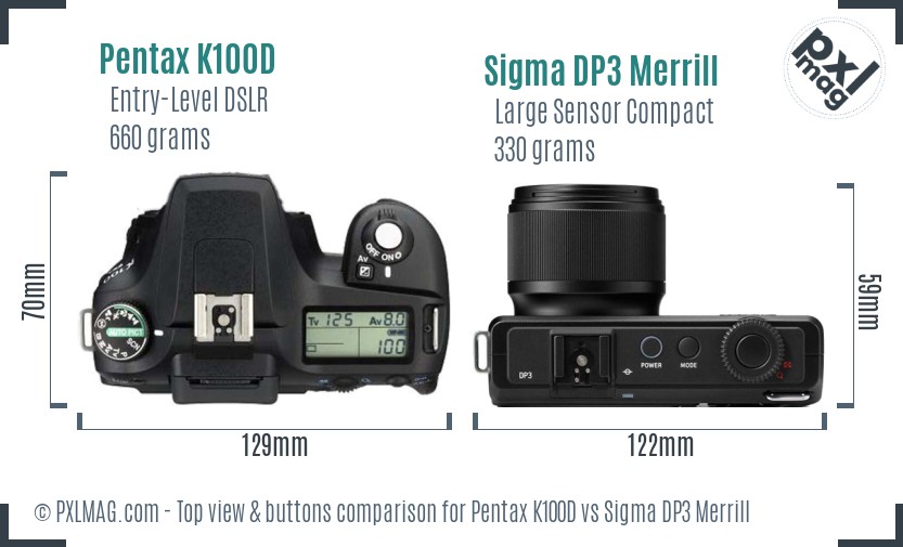 Pentax K100D vs Sigma DP3 Merrill top view buttons comparison