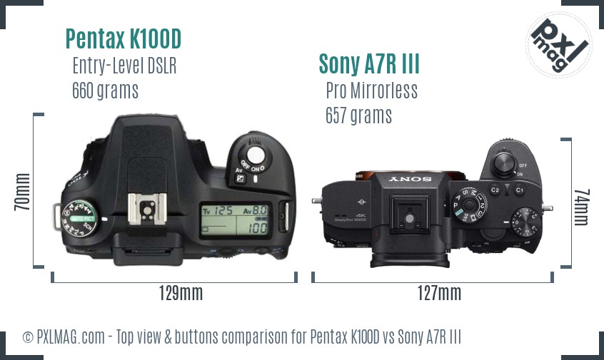 Pentax K100D vs Sony A7R III top view buttons comparison
