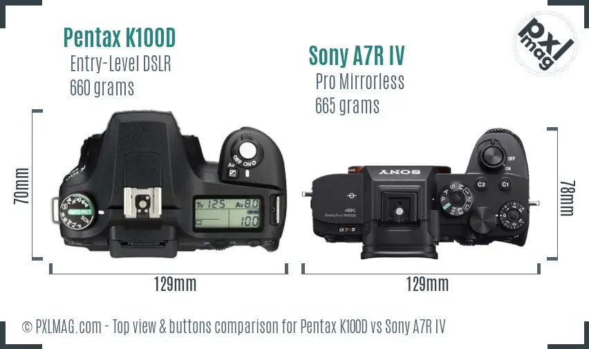 Pentax K100D vs Sony A7R IV top view buttons comparison Pentax K100D vs Sony A7R IV top view buttons comparison