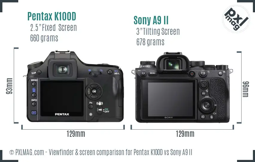 Pentax K100D vs Sony A9 II Screen and Viewfinder comparison