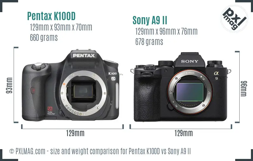 Pentax K100D vs Sony A9 II size comparison