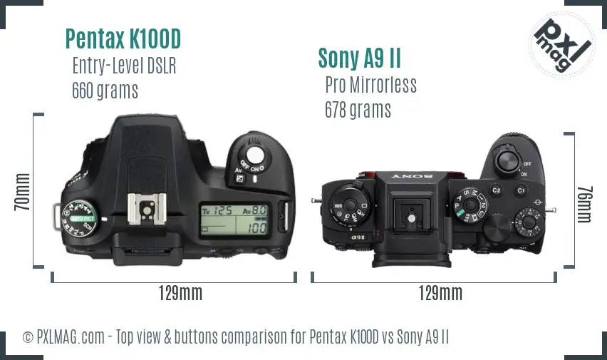 Pentax K100D vs Sony A9 II top view buttons comparison