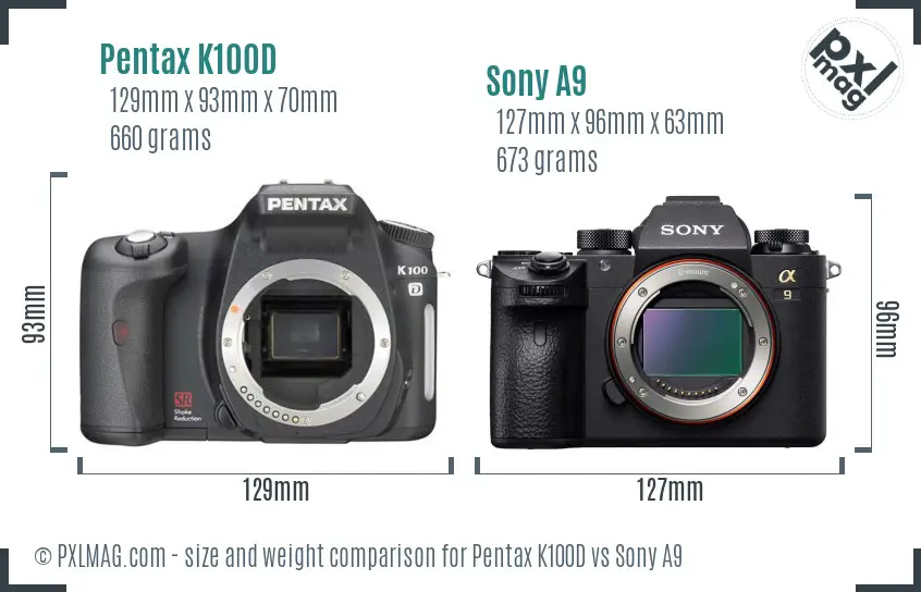Pentax K100D vs Sony A9 size comparison