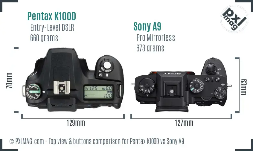 Pentax K100D vs Sony A9 top view buttons comparison