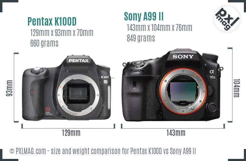 Pentax K100D vs Sony A99 II size comparison Pentax K100D vs Sony A99 II size comparison
