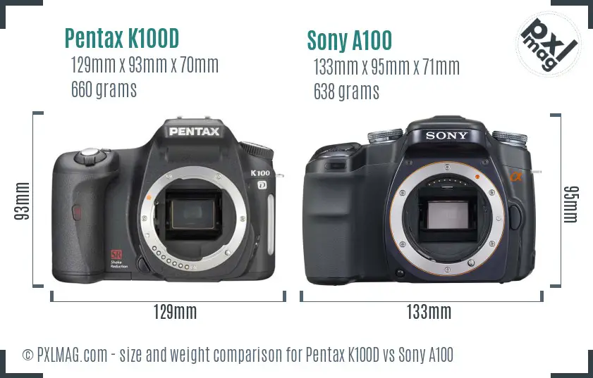 Pentax K100D vs Sony A100 size comparison