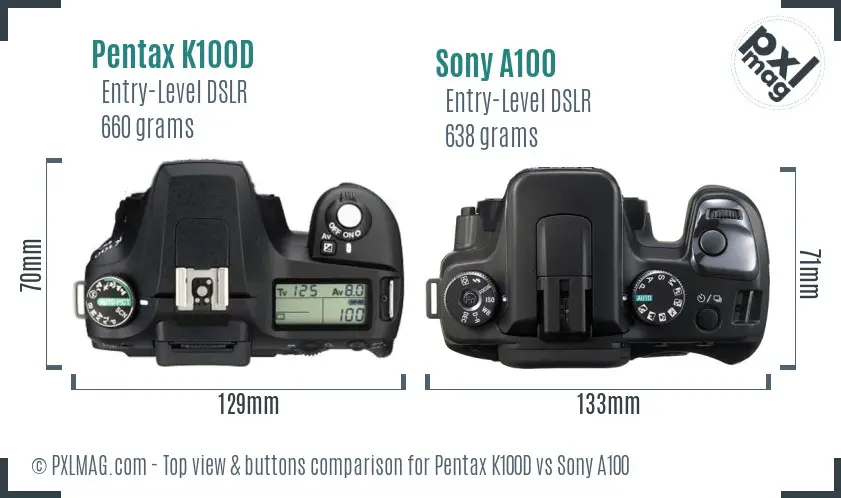 Pentax K100D vs Sony A100 top view buttons comparison