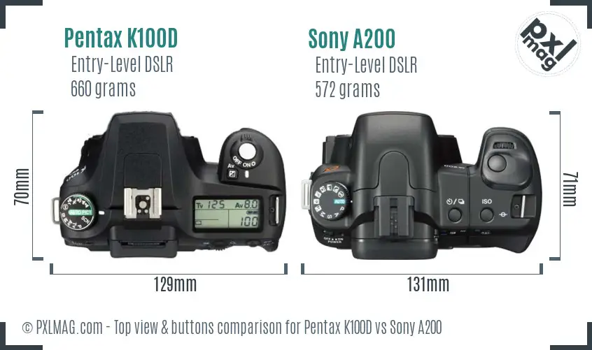 Pentax K100D vs Sony A200 top view buttons comparison Pentax K100D vs Sony A200 top view buttons comparison