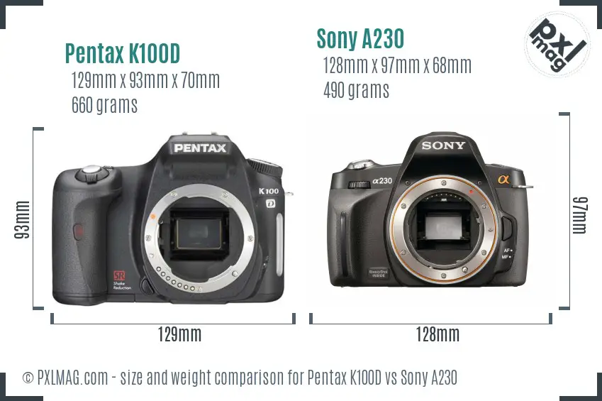 Pentax K100D vs Sony A230 size comparison