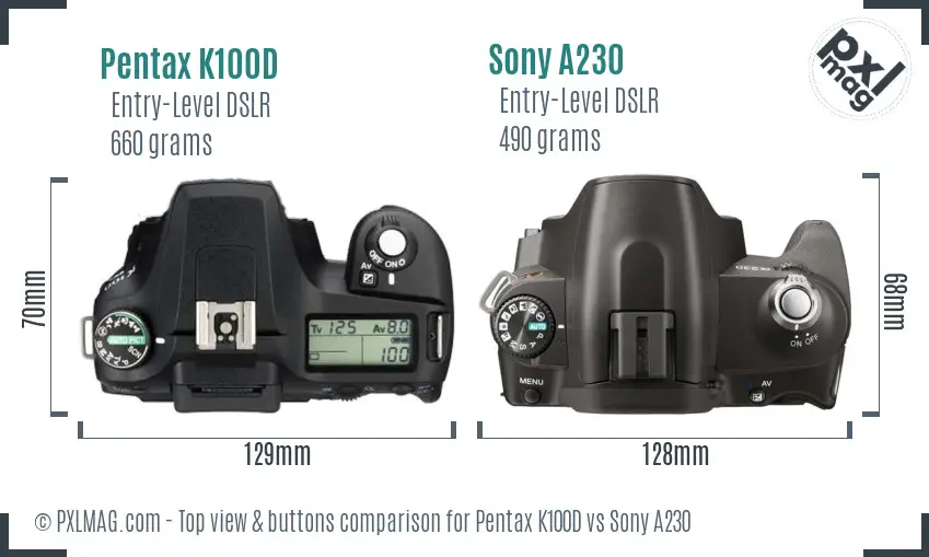 Pentax K100D vs Sony A230 top view buttons comparison