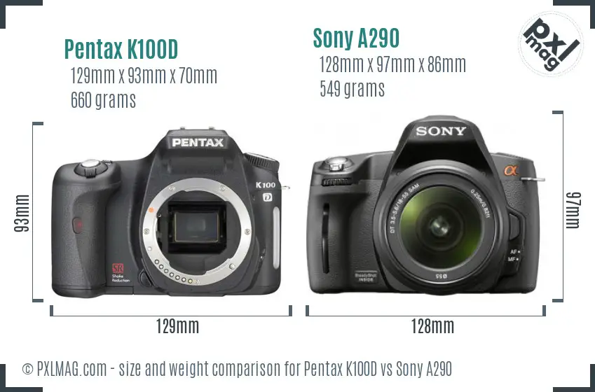 Pentax K100D vs Sony A290 size comparison