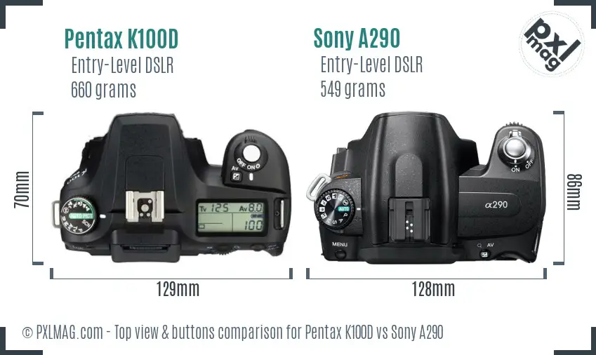 Pentax K100D vs Sony A290 top view buttons comparison