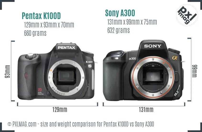 Pentax K100D vs Sony A300 size comparison
