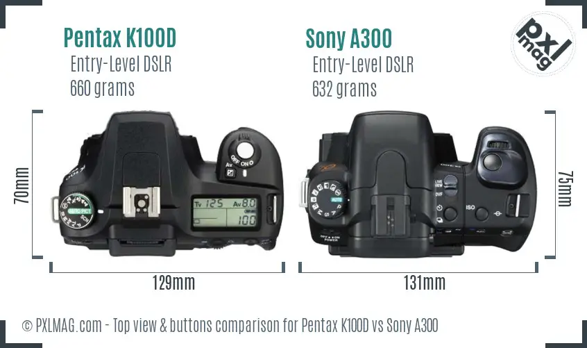 Pentax K100D vs Sony A300 top view buttons comparison