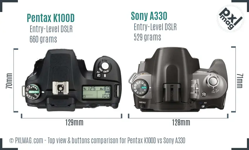 Pentax K100D vs Sony A330 top view buttons comparison