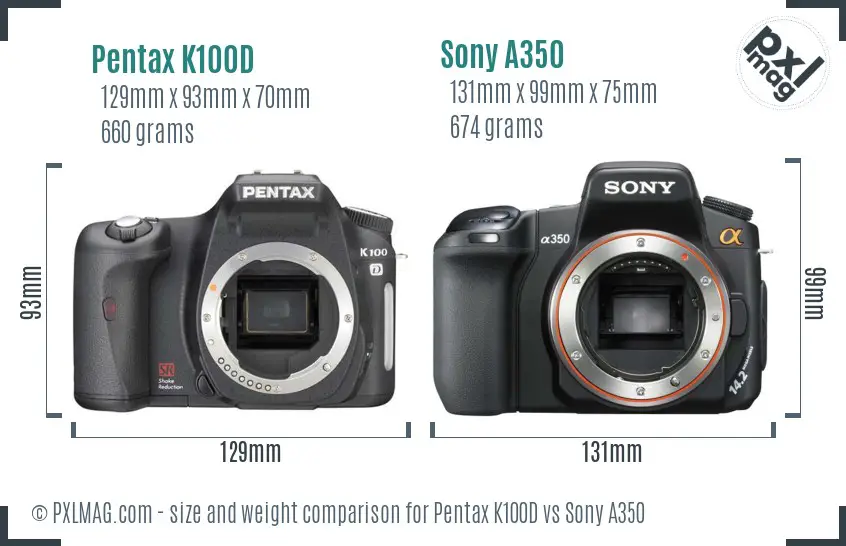 Pentax K100D vs Sony A350 size comparison