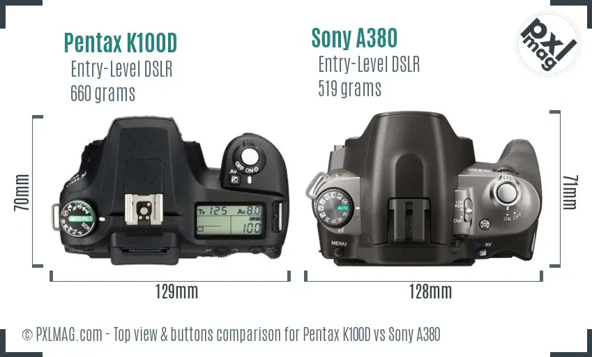 Pentax K100D vs Sony A380 top view buttons comparison