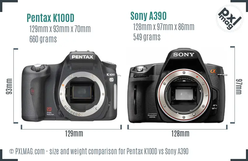 Pentax K100D vs Sony A390 size comparison