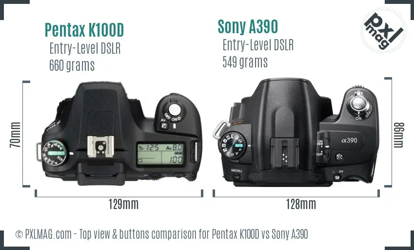 Pentax K100D vs Sony A390 top view buttons comparison