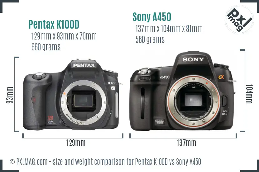 Pentax K100D vs Sony A450 size comparison