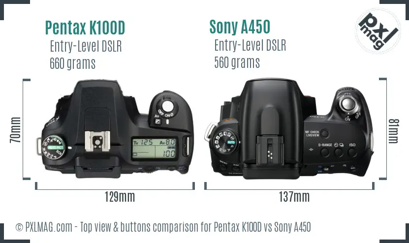 Pentax K100D vs Sony A450 top view buttons comparison
