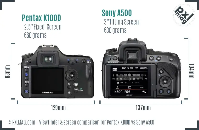 Pentax K100D vs Sony A500 Screen and Viewfinder comparison
