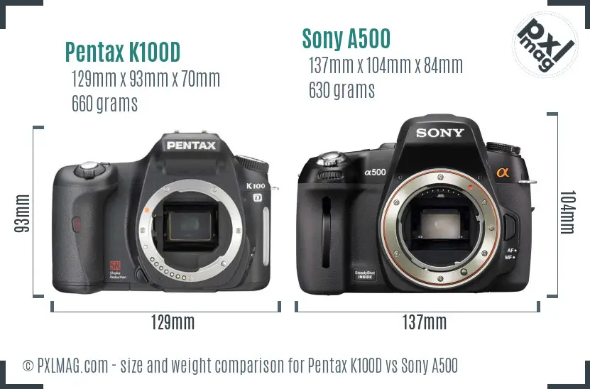 Pentax K100D vs Sony A500 size comparison
