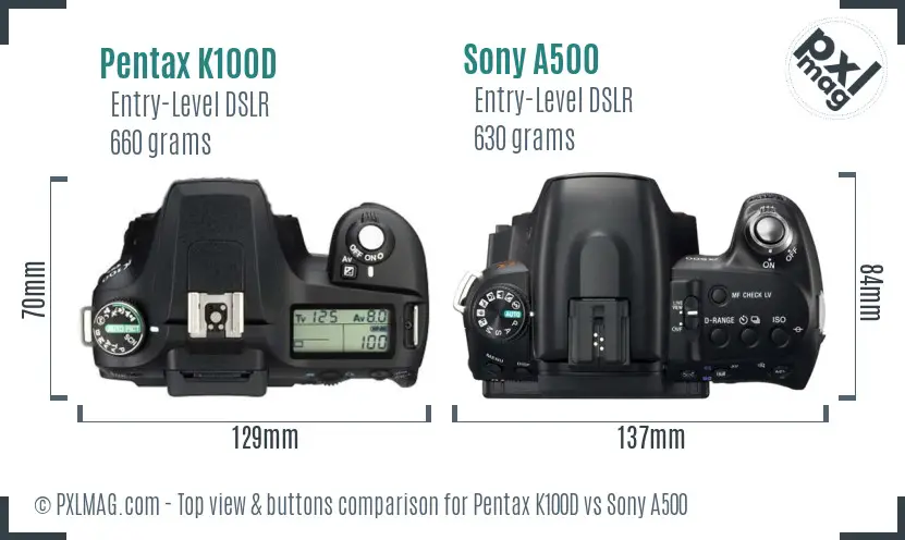 Pentax K100D vs Sony A500 top view buttons comparison