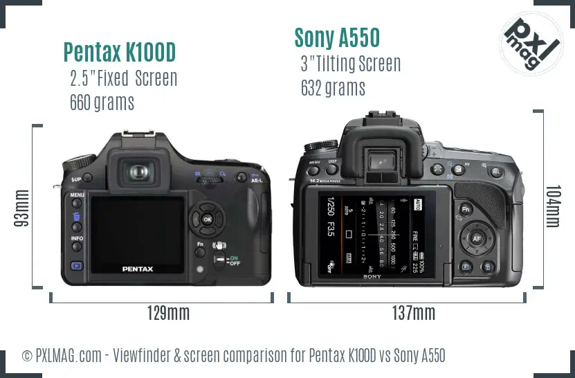 Pentax K100D vs Sony A550 Screen and Viewfinder comparison