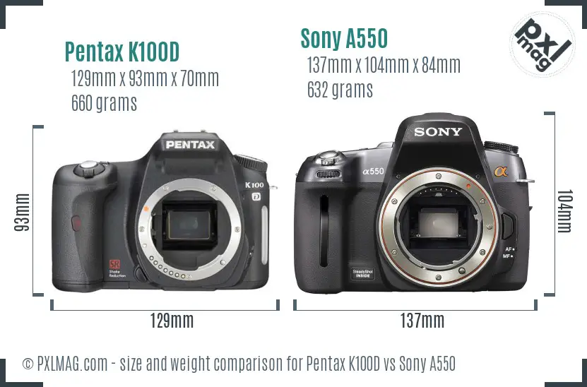 Pentax K100D vs Sony A550 size comparison