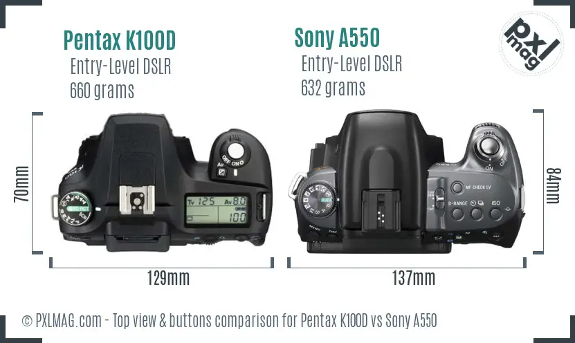 Pentax K100D vs Sony A550 top view buttons comparison
