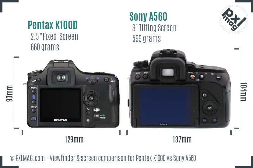 Pentax K100D vs Sony A560 Screen and Viewfinder comparison