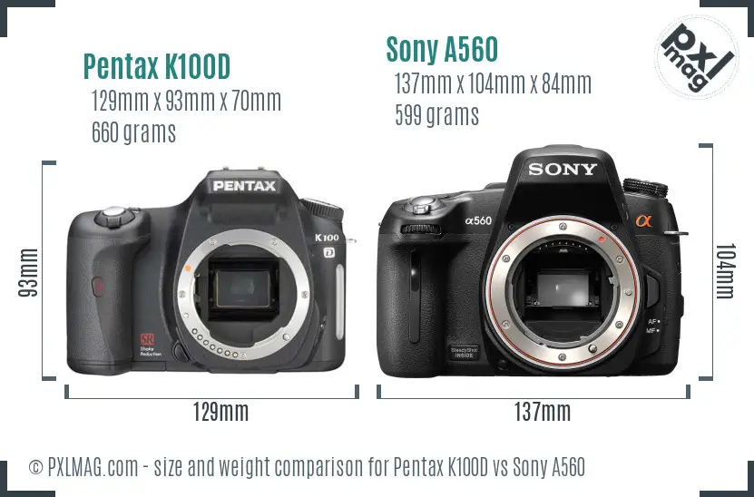 Pentax K100D vs Sony A560 size comparison